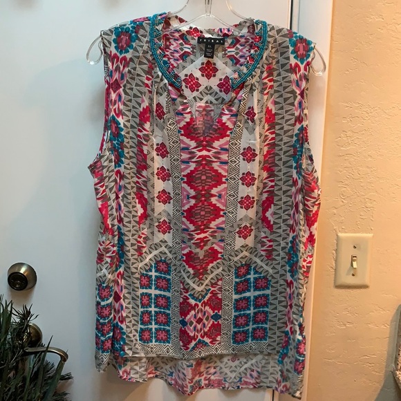 Tribal Tops - Tribal szL sleeveless top with beaded neckline
